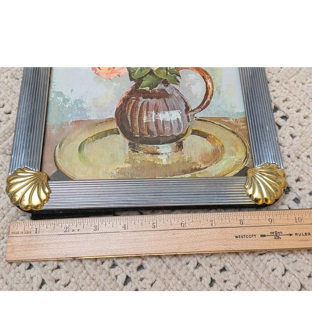 Vintage Silver Ribbed Picture Frame Gold Shell Corners Coastal Regency 8x10